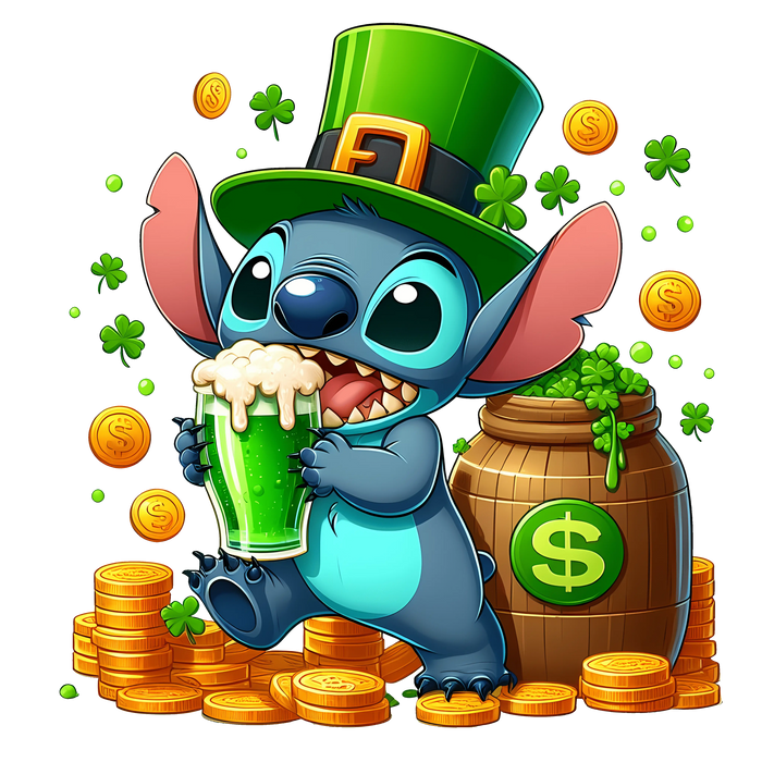 Lilo and Stitch Saint Patty's Feeling Lucky pressed on a garment