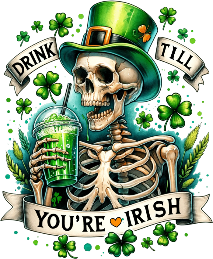Saint Patrick's Day Funny Skeleton Design pressed on a garment