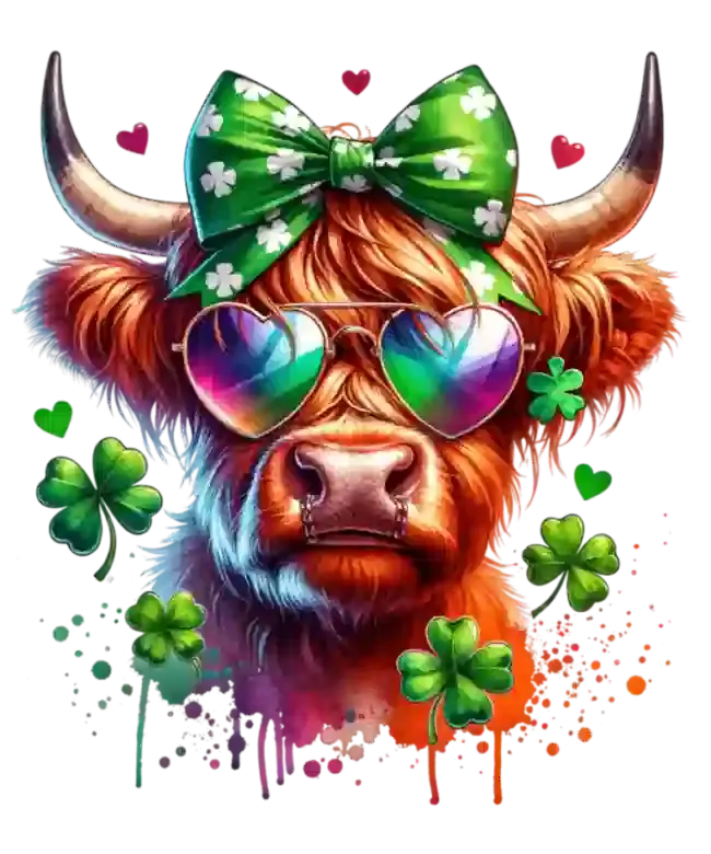 St Paddy's Day Patrick's Day Cool Highland Cow pressed on a garment