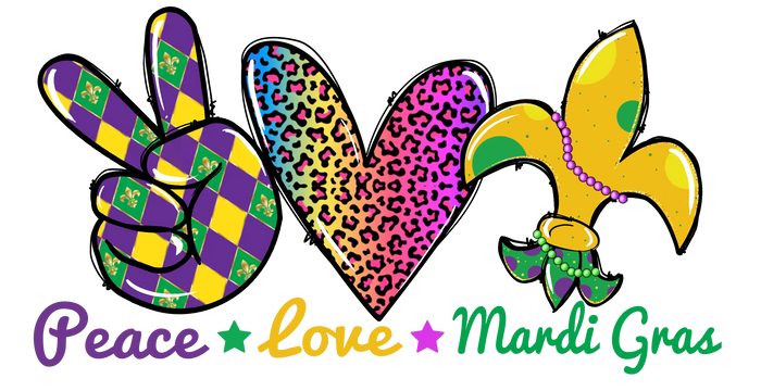 Peace Love Mardi Gras pressed on a garment