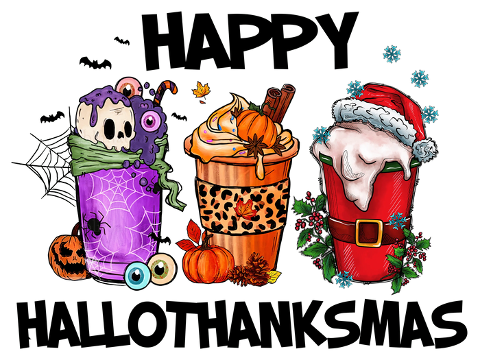 Happy Hallothanksmas pressed on a garment