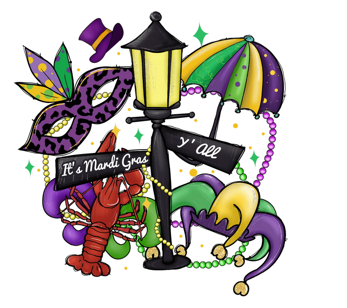 It's Mardi Gras Y'all Design pressed on a garment