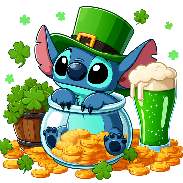 Disney Stitch Green Beer Saint Patty's Design pressed on a garment