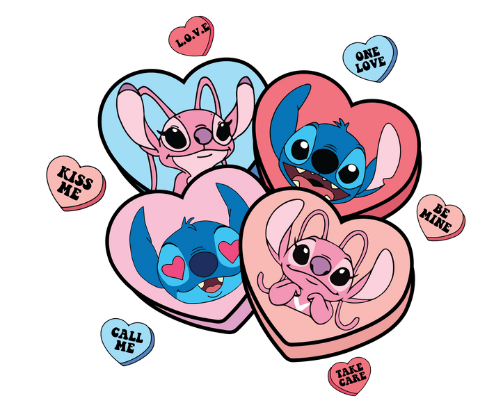 Lilo and Stitch Valentine's Kiss Me Design pressed on a garment