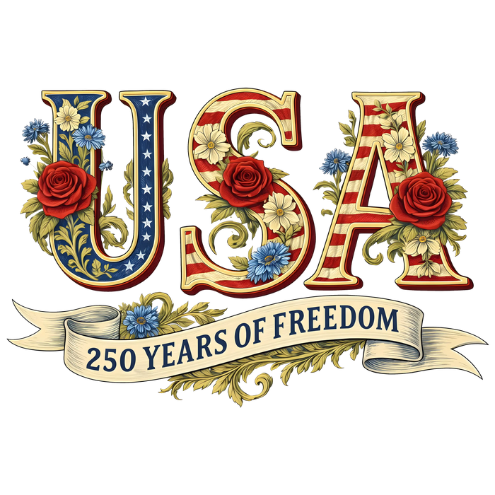 USA Floral Rose 250th Anniversary Design pressed on a garment