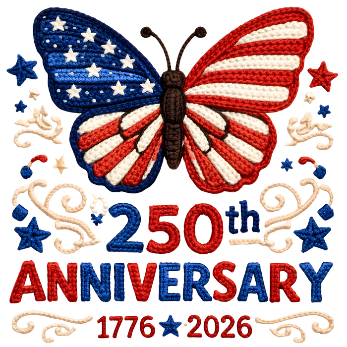 Patriotic Butterfly 250th Anniversary Crochet Style Design pressed on a garment