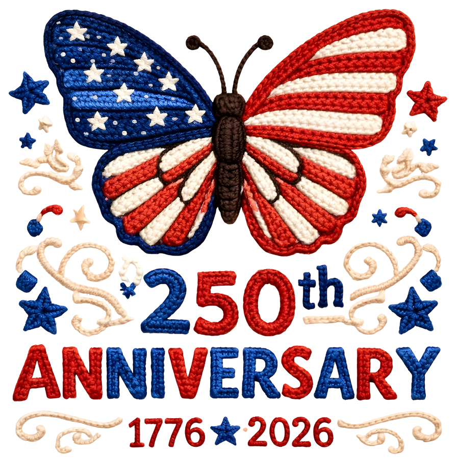Patriotic Butterfly 250th Anniversary Crochet Style Design - DTF Ready To Press