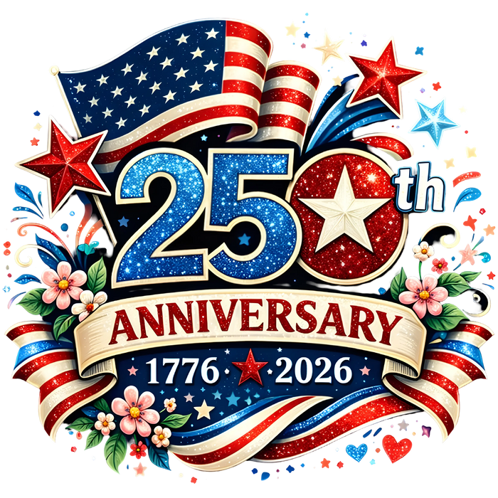 250th Anniversary 1776-2026 American Flag Floral Design pressed on a garment