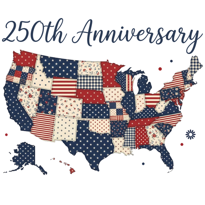 USA Map Faux Embroidery Patchwork 250th Anniversary Design pressed on a garment