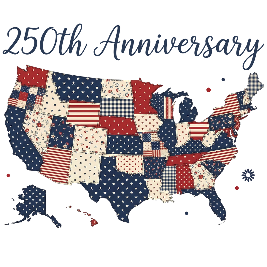 USA Map Faux Embroidery Patchwork 250th Anniversary Design - DTF Ready To Press