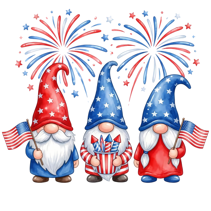 Patriotic Gnomes American Flag Fireworks 4th of July pressed on a garment