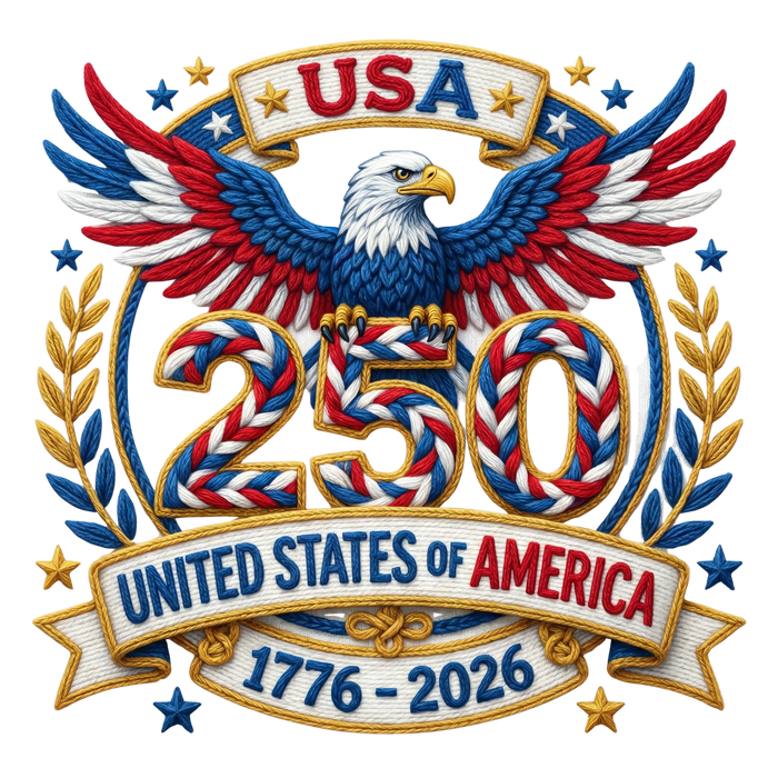 Faux Embroidery USA 250 United States of America 1776-2026 Eagle Design pressed on a garment