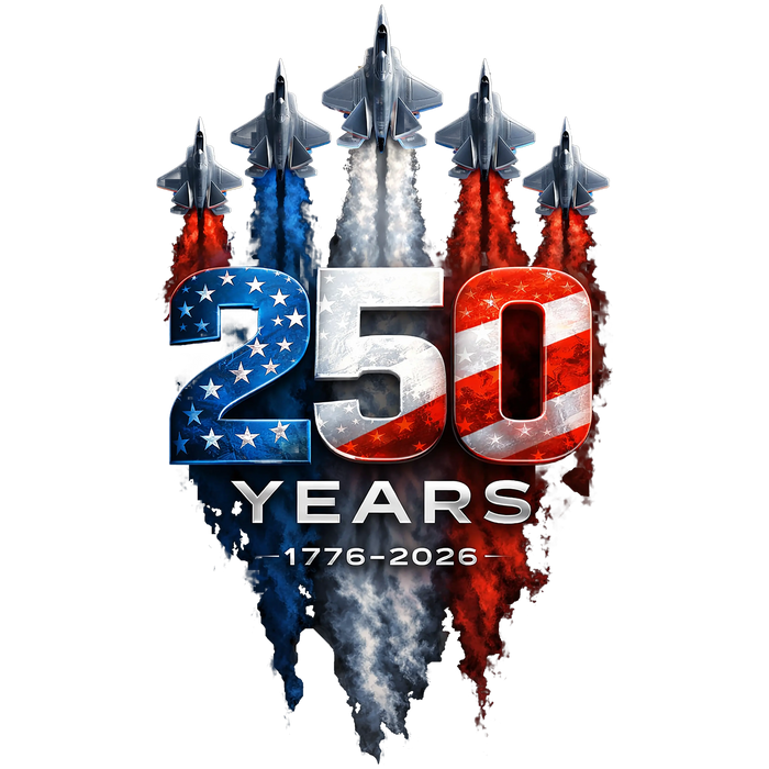 250 Years Fighter Jets American Flag 1776-2026 pressed on a garment