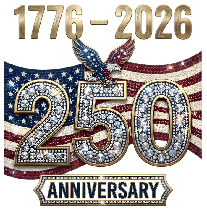 1776-2026 Bling 250 Anniversary Eagle Flag Rhinestone Look pressed on a garment