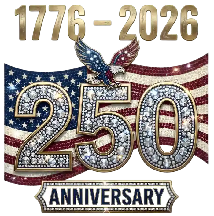 1776-2026 Bling 250 Anniversary Eagle Flag Rhinestone Look pressed on a garment