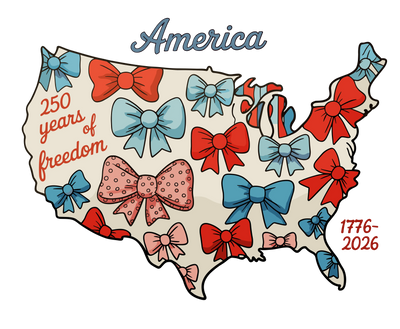 America 250 Years of Freedom Coquette Bows USA Map 1776-2026 Design - DTF Ready To Press - DTF Dallas 