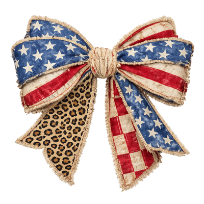 Faux Embroidery Vintage American Flag Bow Leopard Patriotic Design - DTF Ready To Press - DTF Dallas 
