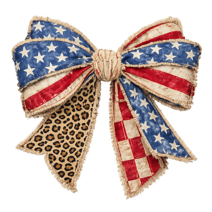 Faux Embroidery Vintage American Flag Bow Leopard Patriotic Design pressed on a garment