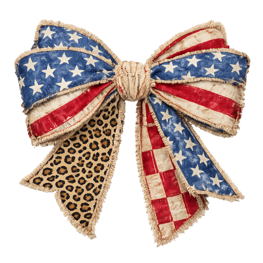 Faux Embroidery Vintage American Flag Bow Leopard Patriotic Design - DTF Ready To Press
