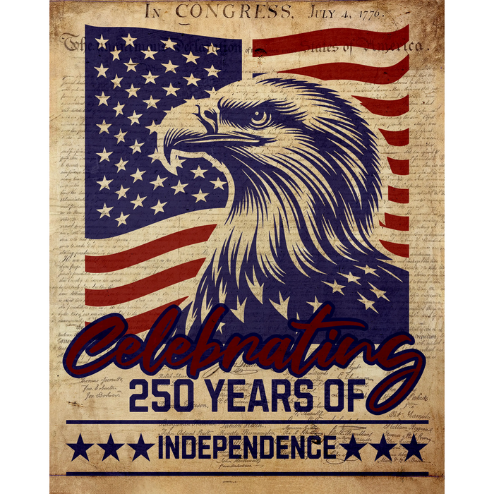 Celebrating 250 Years of Independence Eagle Flag Declaration pressed on a garment
