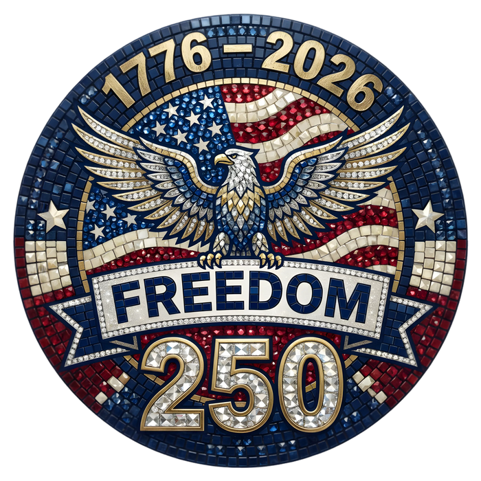 Freedom 250 Mosaic Eagle Faux Rhinestone 1776-2026 pressed on a garment