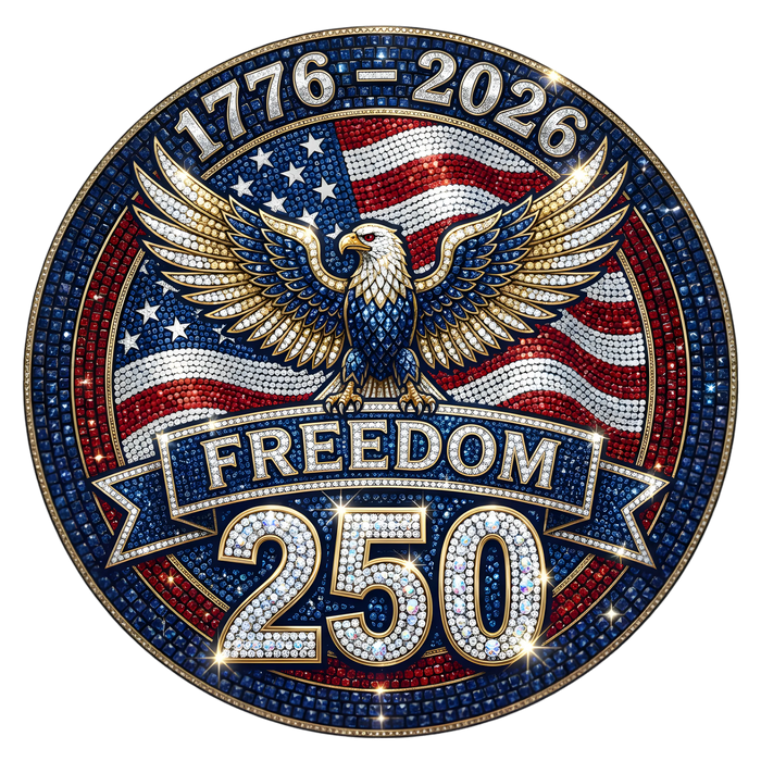 Freedom 250 Faux Rhinestone Bling Eagle 1776-2026 pressed on a garment