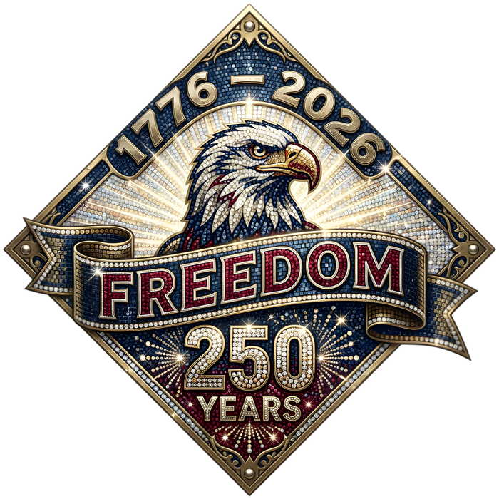 Freedom 250 Years Faux Mosaic Eagle Diamond Crest 1776-2026 pressed on a garment