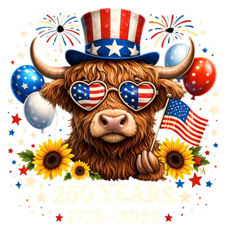 Highland Cow Patriotic 250 Years Uncle Sam Hat 1776-2026 - DTF Ready To Press
