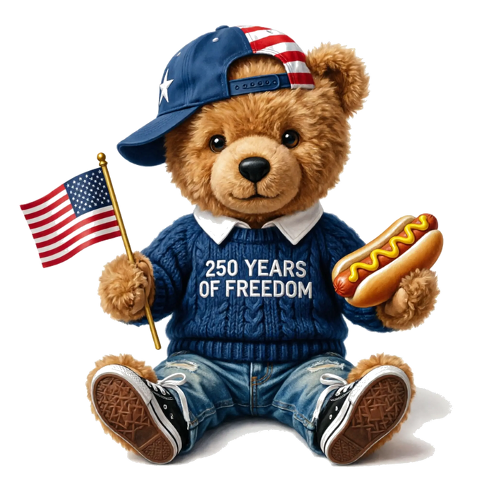 Faux Embroidery 250 Years of Freedom Patriotic Teddy Bear Design pressed on a garment