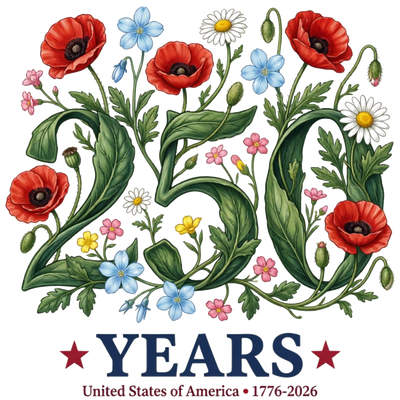 250 Years United States Floral Poppy 1776-2026 - DTF Ready To Press - DTF Dallas 