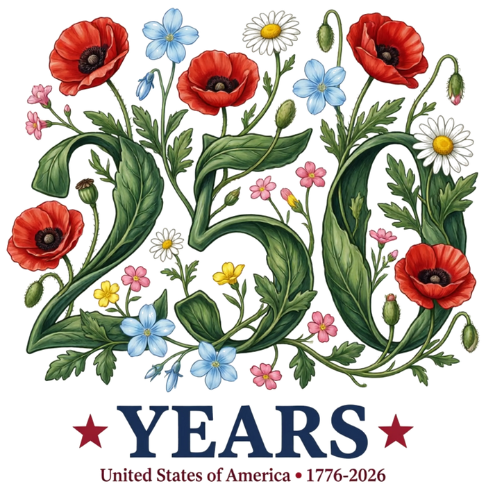 250 Years United States Floral Poppy 1776-2026 pressed on a garment