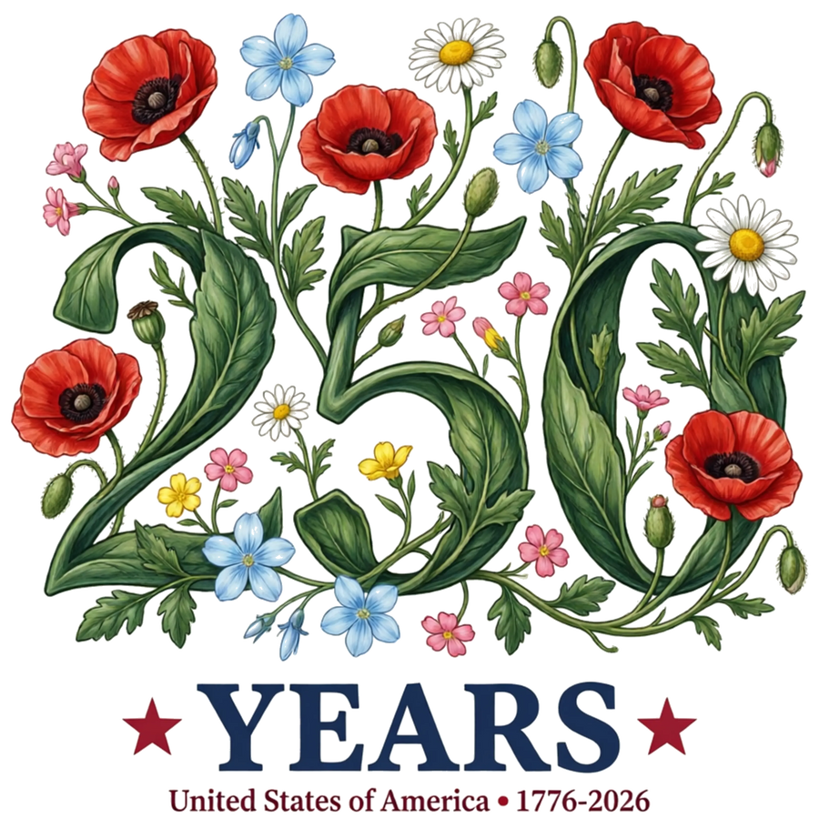 250 Years United States Floral Poppy 1776-2026 - DTF Ready To Press