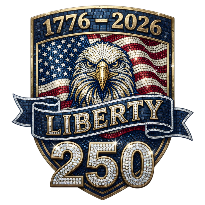 Liberty 250 Faux Mosaic Eagle Shield 1776-2026 pressed on a garment