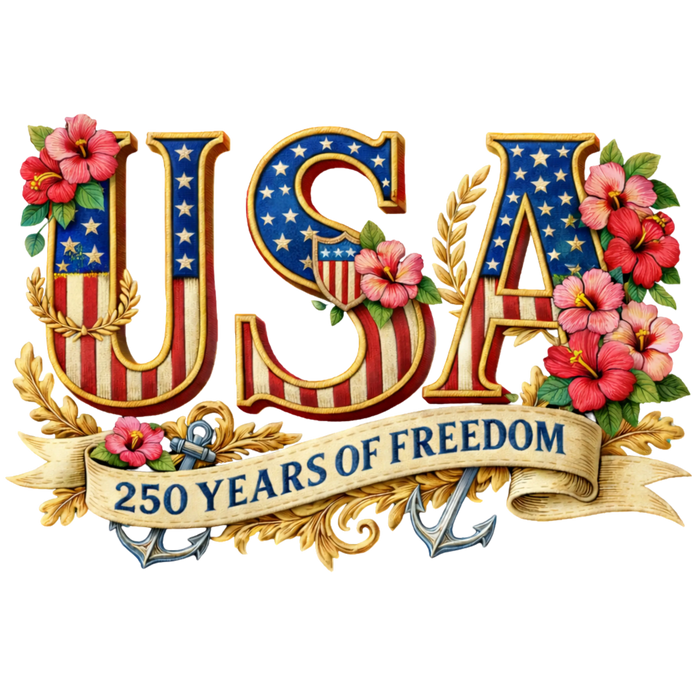 USA 250 Years of Freedom Vintage Hibiscus Floral pressed on a garment