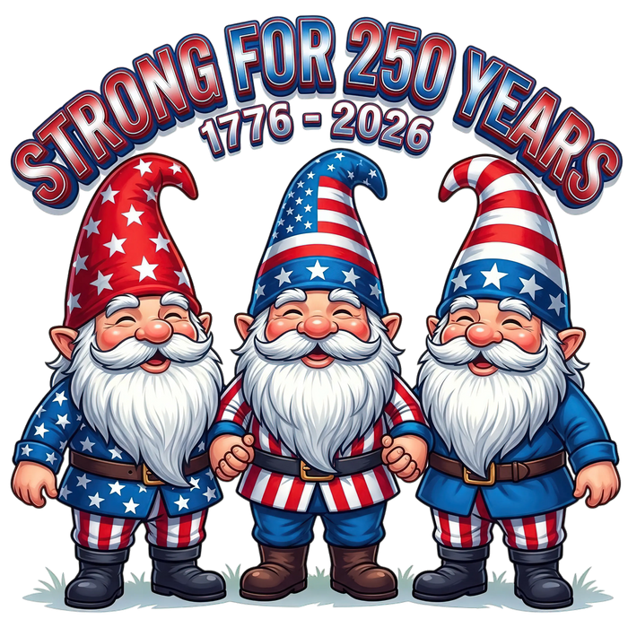 Strong For 250 Years Patriotic Gnome Trio 1776-2026 pressed on a garment