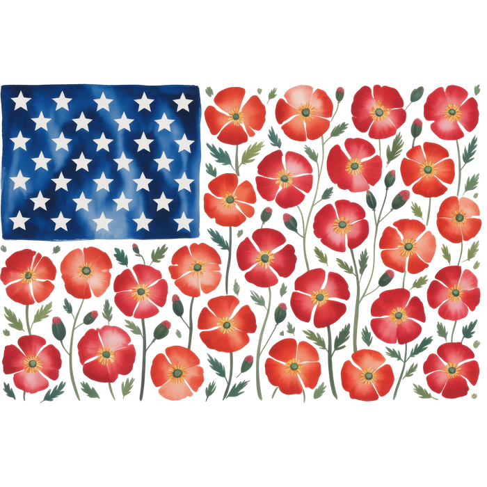 Watercolor American Flag Poppies Patriotic pressed on a garment