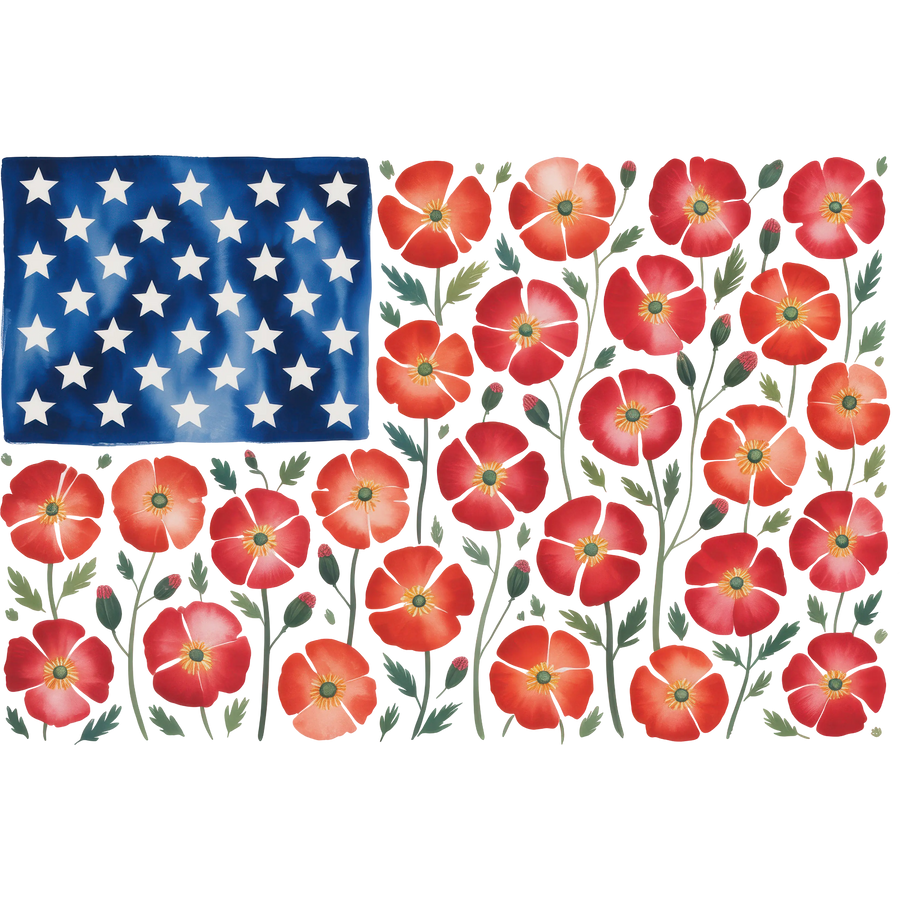 Watercolor American Flag Poppies Patriotic - DTF Ready To Press