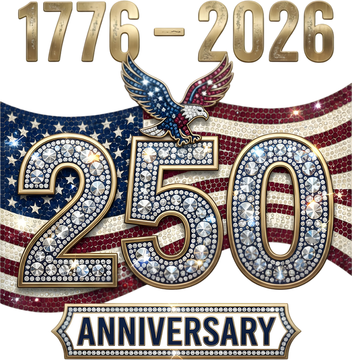 1776-2026 Faux Rhinestone 250 Anniversary Eagle Flag pressed on a garment