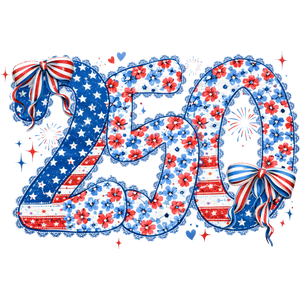 250 Floral Faux Embroidery Coquette Bow Patriotic 1776-2026 - DTF Ready To Press - DTF Dallas 