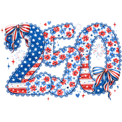 250 Floral Faux Embroidery Coquette Bow Patriotic 1776-2026 - DTF Ready To Press - DTF Dallas 