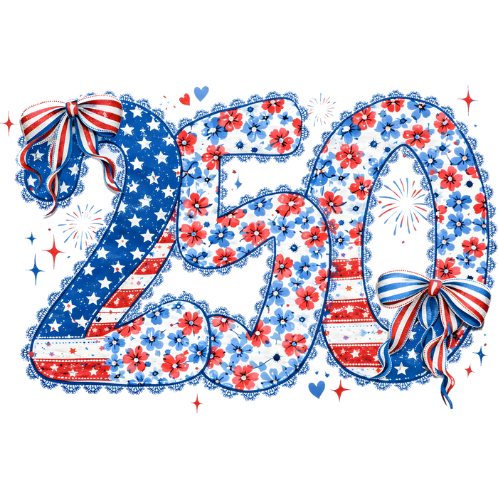 250 Floral Faux Embroidery Coquette Bow Patriotic 1776-2026 pressed on a garment