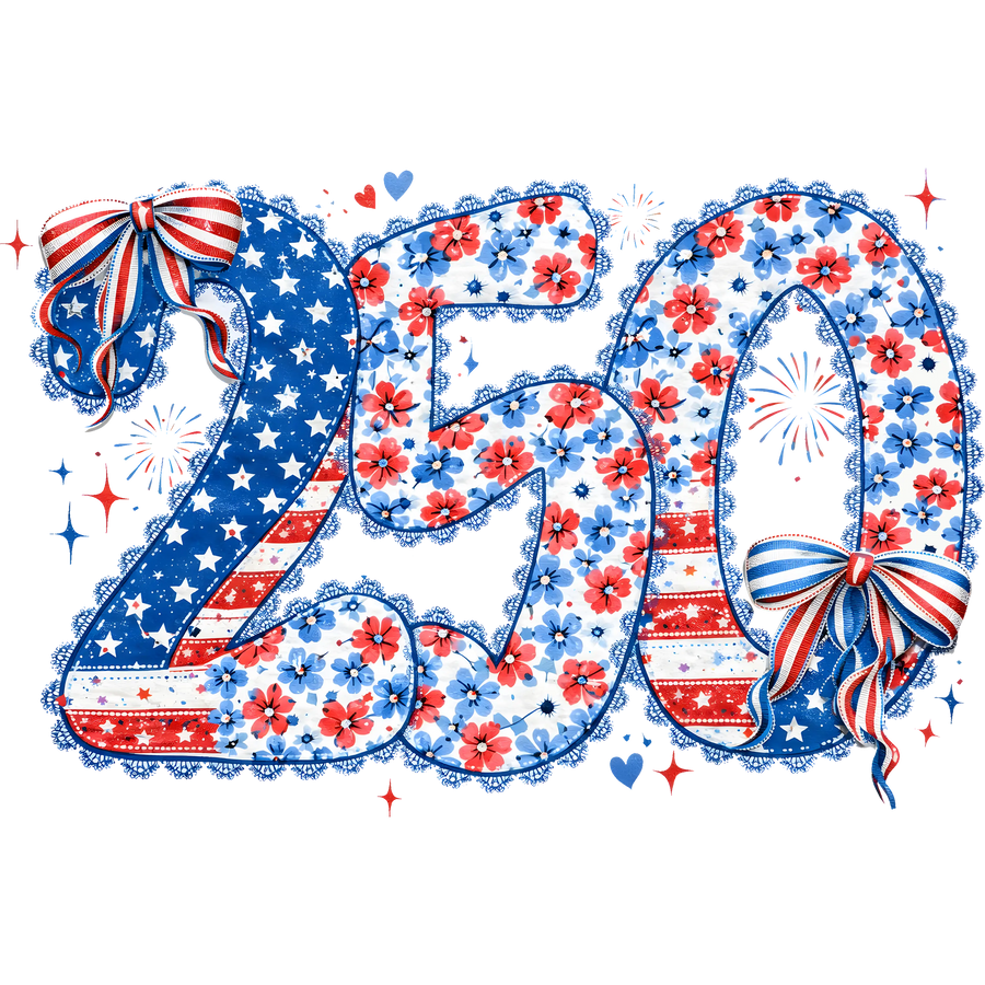 250 Floral Faux Embroidery Coquette Bow Patriotic 1776-2026 - DTF Ready To Press