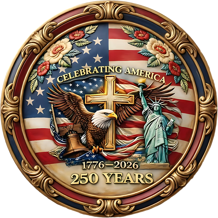 Celebrating America 250 Years Eagle Cross Liberty Bell pressed on a garment