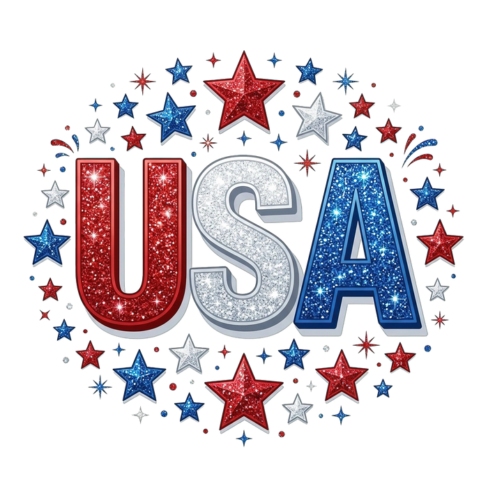 USA Glitter Stars Patriotic Design pressed on a garment