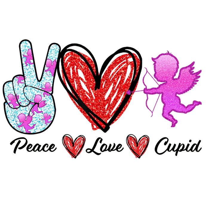 Valentine's Day Peace Love Cupid Design pressed on a garment
