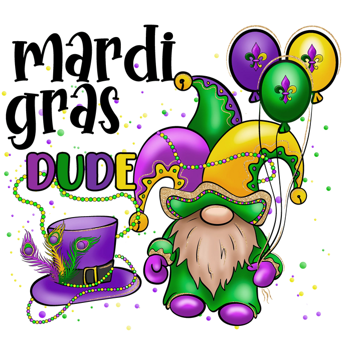 Mardi Gras Dude Gnome Design pressed on a garment