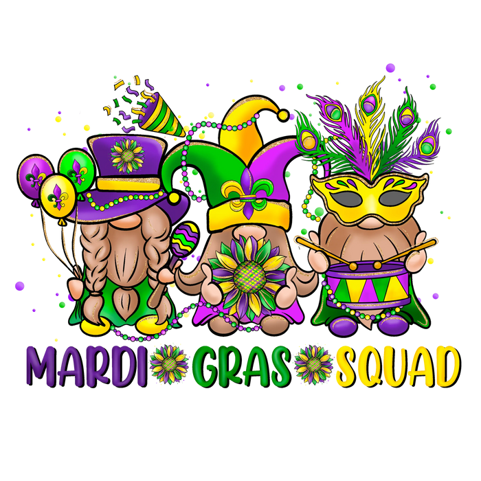 Mardi Gras Squad Gnome Design pressed on a garment
