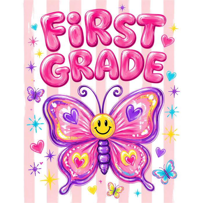 Kids First Grade Butterfly School Design pressed on a garment