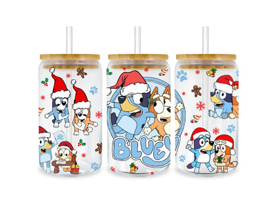 UV DTF 16 Oz Libbey Glass Cup Wrap - Christmas Bluey - DTF Dallas 