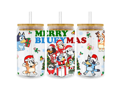 UV DTF 16 Oz Libbey Glass Cup Wrap - Merry Blueymas - DTF Dallas 